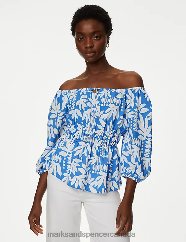 Women Blue Mix Clothing Marks & Spencer Printed Blouson Sleeve Peplum Top 20VTD1125 - Marks and Spencer outlet