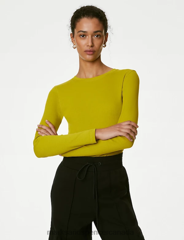 Marks and Spencer Canada - Women Bright Lime Clothing Marks & Spencer Cotton Rich Ribbed Top 20VTD584