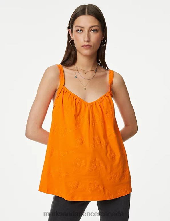 Women Bright Orange Clothing Marks & Spencer Pure Cotton Embroidered Cami Top 20VTD1268 - Marks and Spencer online