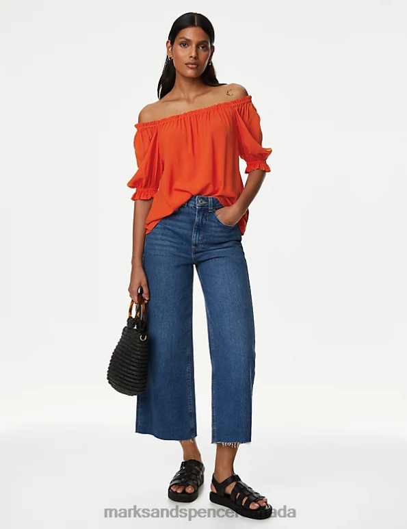 Women Bright Orange Clothing Marks & Spencer Square Neck Puff Sleeve Top 20VTD3141 - Marks and Spencer Canada locations