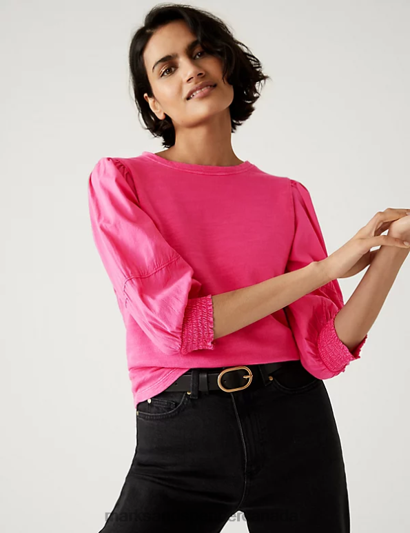 Women Bright Pink Clothing Marks & Spencer Pure Cotton Crew Neck Volume Sleeve Top 20VTD654 - Marks and Spencer Canada locations