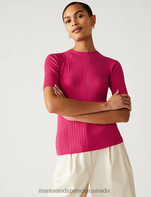 Marks and Spencer Canada - Women Bright Pink Clothing Marks & Spencer Ribbed Crew Neck Knitted Top 20VTD415