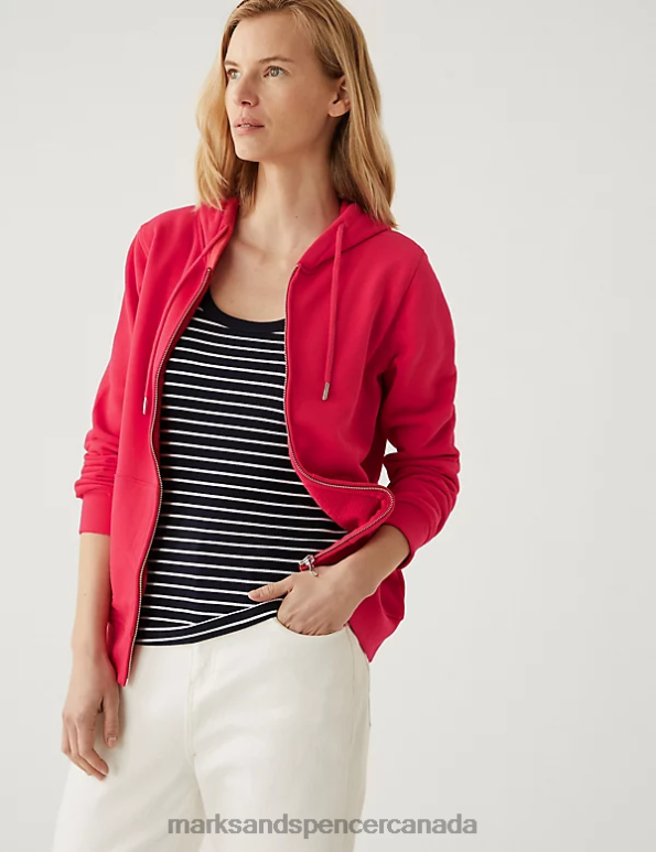 Marks and Spencer Canada - Women Bright Red Clothing Marks & Spencer Pure Cotton Zip Up Hoodie 20VTD2714