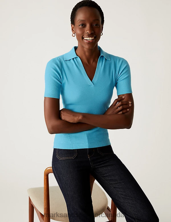 Marks and Spencer sale - Women Bright Turquoise Clothing Marks & Spencer Cotton Rich Ribbed Collared Knitted Top 20VTD1279