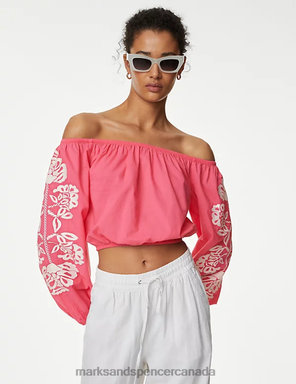 Women Bubblegum Clothing Marks & Spencer Pure Cotton Bardot Beach Top 20VTD1377 - Marks and Spencer Canada locations