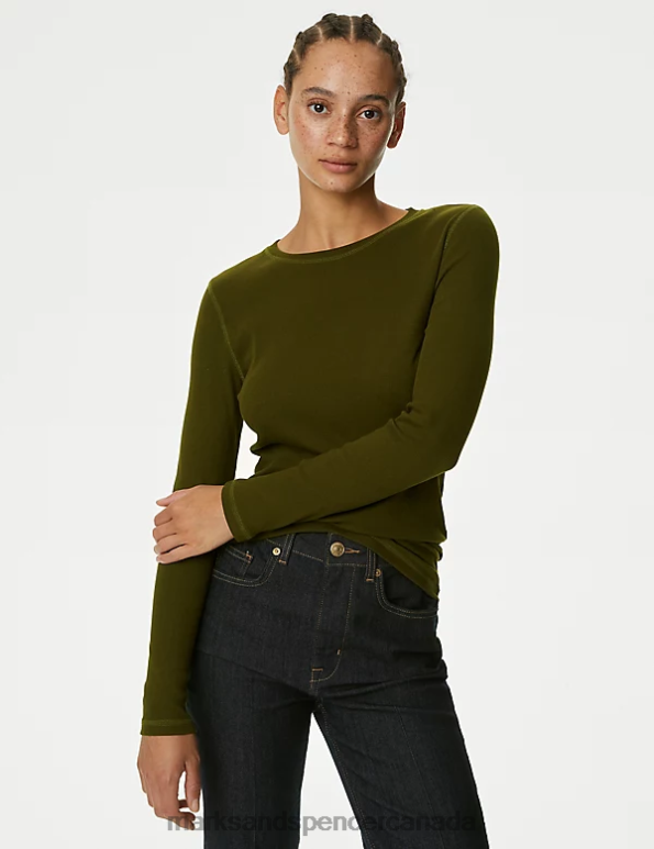 Women Dark Khaki Clothing Marks & Spencer Cotton Rich Ribbed Top 20VTD258 - Marks and Spencer outlet