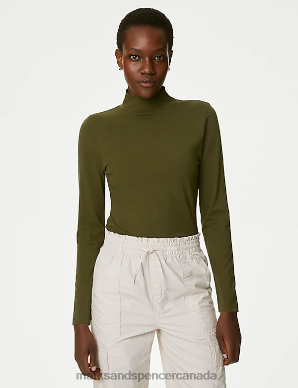 Marks and Spencer Canada - Women Dark Khaki Clothing Marks & Spencer Cotton Rich Slim Fit Top 20VTD2491