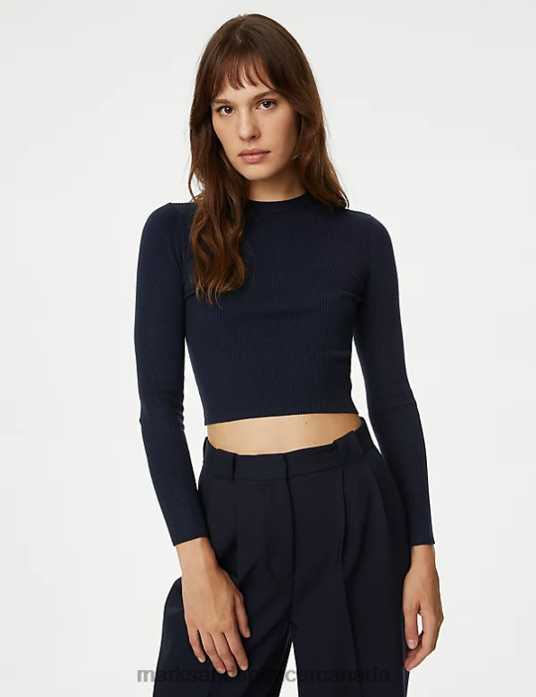 Women Dark Navy Clothing Marks & Spencer Ribbed Crew Neck Cropped Top 20VTD1301 - Marks and Spencer outlet