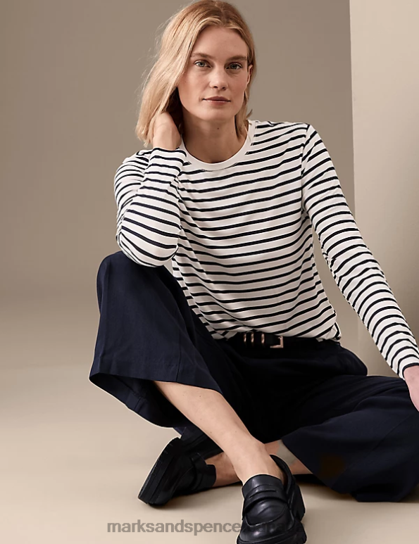 Marks and Spencer sale - Women Dark Navy Mix Clothing Marks & Spencer Jersey Striped Top 20VTD1234