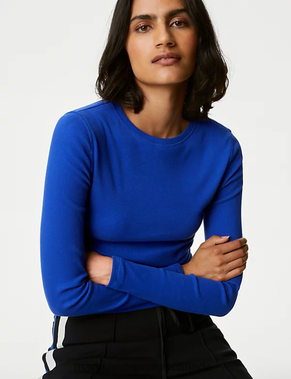 Women Electric Blue Clothing Marks & Spencer Cotton Rich Ribbed Top 20VTD583 - Marks and Spencer outlet