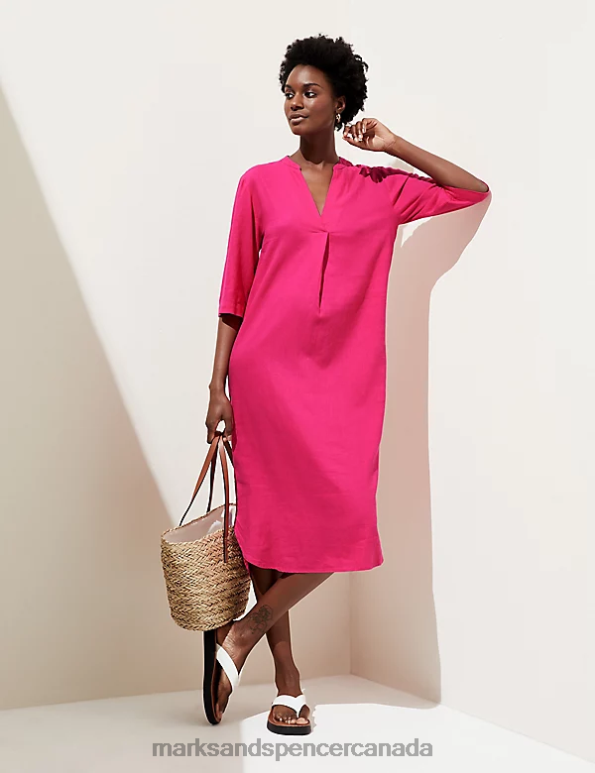 Marks and Spencer sale - Women Fuchsia Clothing Marks & Spencer Linen Rich V-Neck Tunic 20VTD587