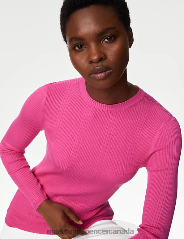 Marks and Spencer sale - Women Fuchsia Clothing Marks & Spencer Ribbed Crew Neck Fitted Knitted Top 20VTD1559