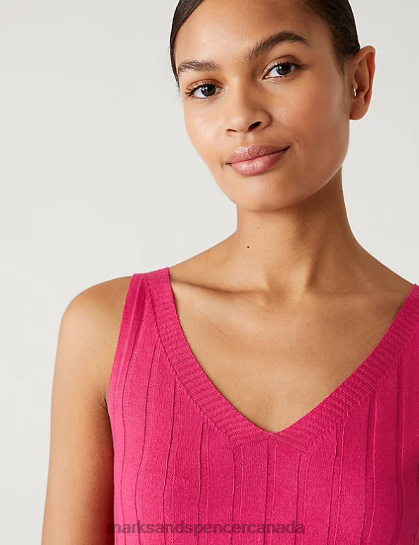 Marks and Spencer Canada - Women Fuchsia Clothing Marks & Spencer Ribbed V-Neck Knitted Vest with Linen 20VTD2385