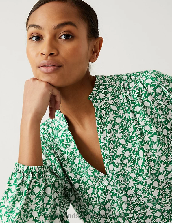 Marks and Spencer sale - Women Green Mix Clothing Marks & Spencer Floral V-Neck Popover Blouse 20VTD1040