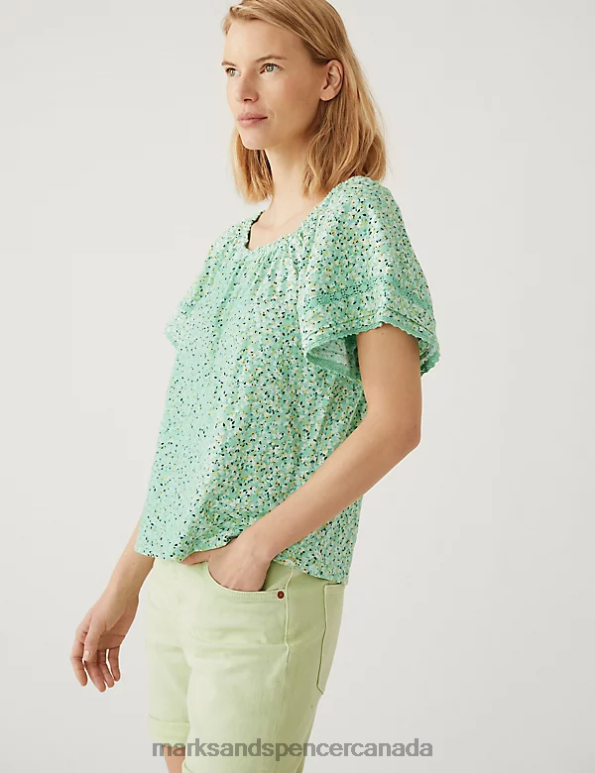 Women Green Mix Clothing Marks & Spencer Pure Cotton Floral Top 20VTD695 - Marks and Spencer Canada locations