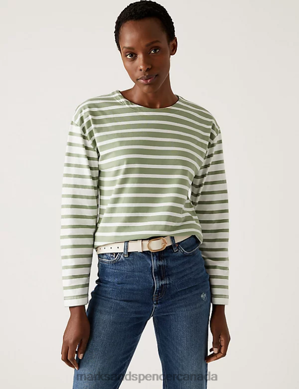 Marks and Spencer sale - Women Green Mix Clothing Marks & Spencer Pure Cotton Striped Crew Neck Top 20VTD1258