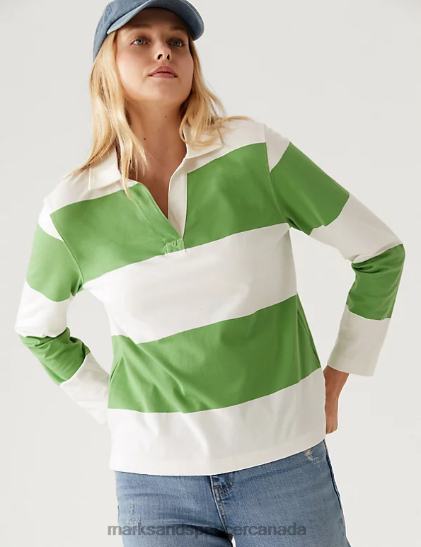 Marks and Spencer near me - Women Green Mix Clothing Marks & Spencer Pure Cotton Striped Rugby Top 20VTD837