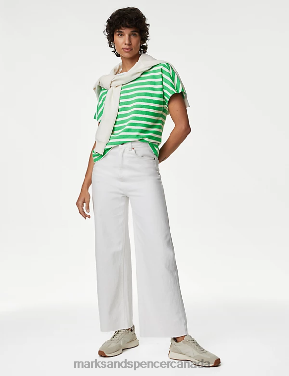 Women Green Mix Clothing Marks & Spencer Pure Cotton Striped Textured Top 20VTD601 - Marks and Spencer Canada locations