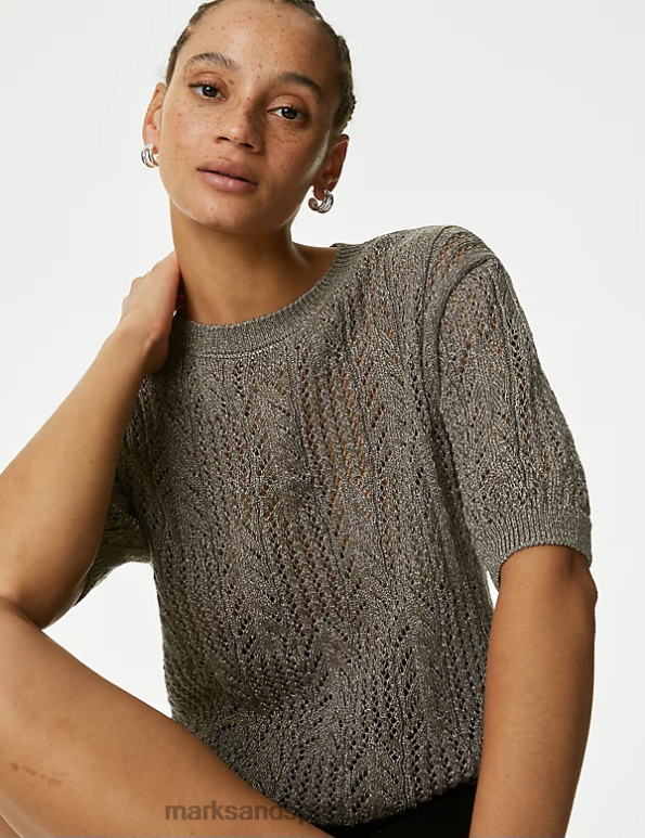 Women Grey Clothing Marks & Spencer Cotton Blend Sparkly Pointelle Knitted Top 20VTD123 - Marks and Spencer outlet