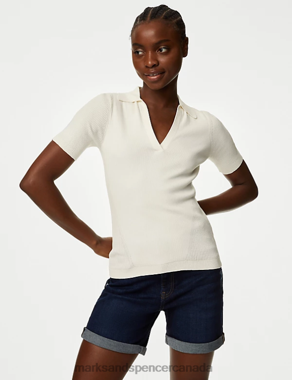 Marks and Spencer near me - Women Ivory Clothing Marks & Spencer Cotton Rich Ribbed Collared Knitted Top 20VTD1278