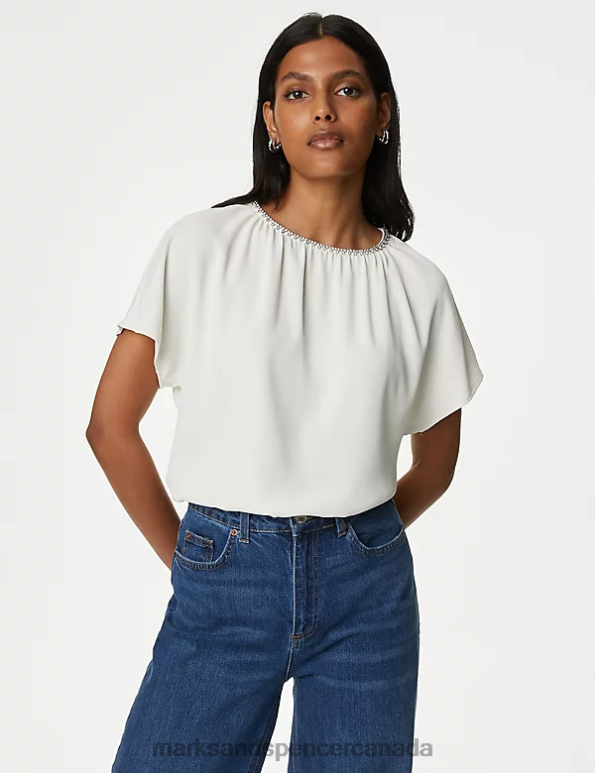 Marks and Spencer Canada - Women Ivory Clothing Marks & Spencer Embellished Angel Sleeve Top 20VTD606