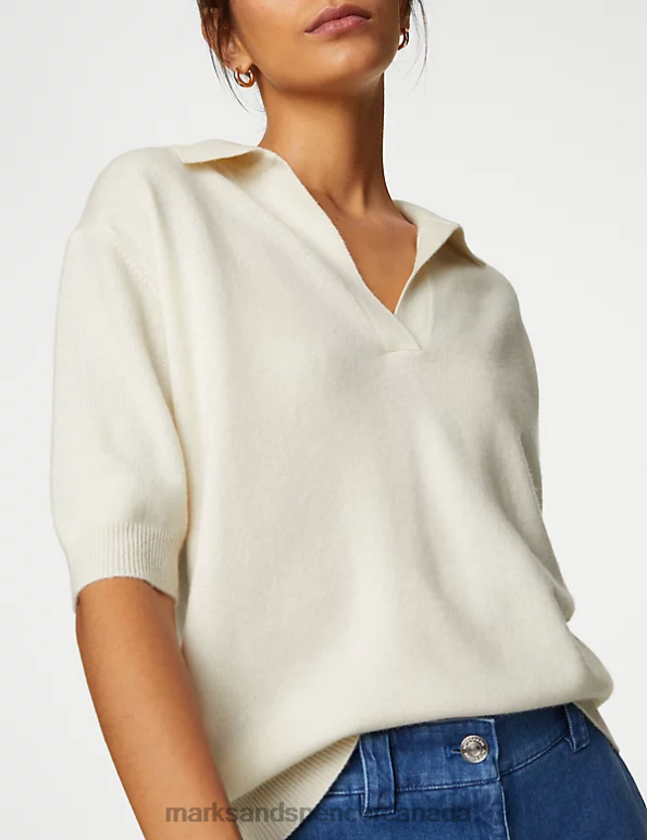 Marks and Spencer Canada - Women Ivory Clothing Marks & Spencer Pure Cashmere Collared Knitted Top 20VTD1148