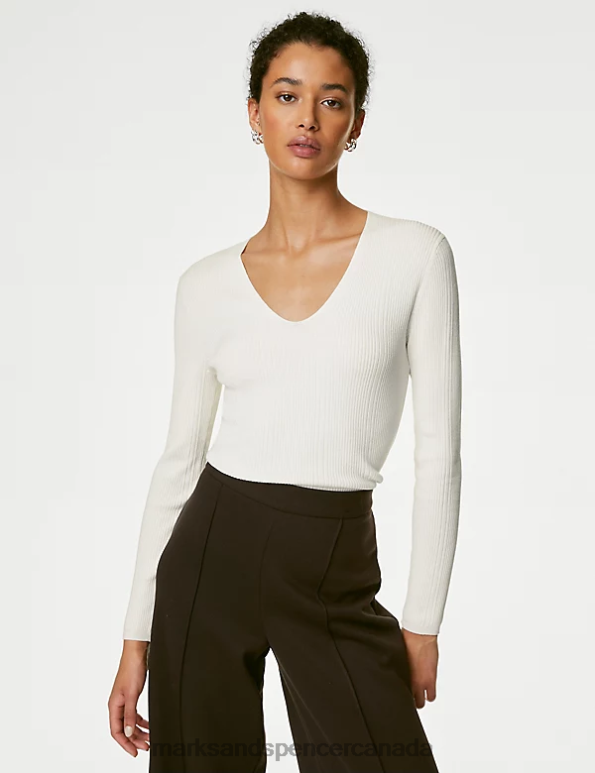 Women Ivory Clothing Marks & Spencer Ribbed V-Neck Knitted Top 20VTD518 - Marks and Spencer Canada locations