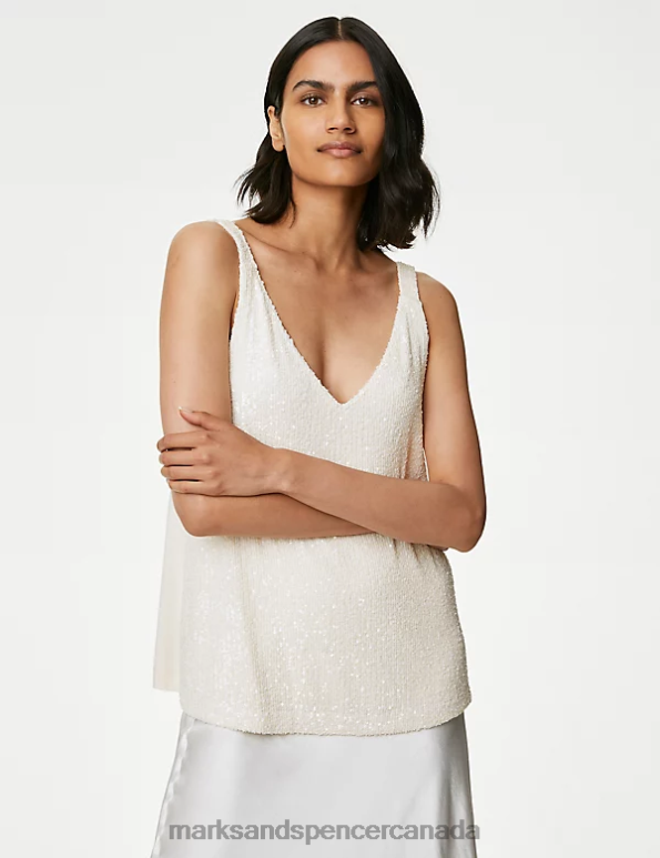 Marks and Spencer Canada - Women Ivory Clothing Marks & Spencer Sequin V-Neck Cami Top 20VTD539