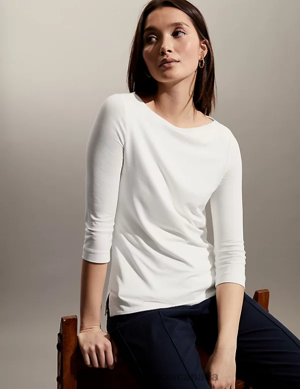 Marks and Spencer Canada - Women Ivory Clothing Marks & Spencer Slash Neck 3/4 Sleeve Top 20VTD3026