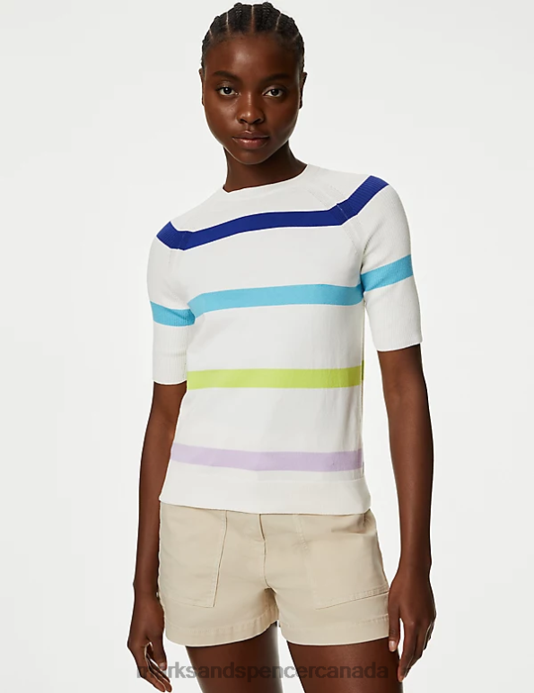 Marks and Spencer near me - Women Ivory Mix Clothing Marks & Spencer Cotton Rich Striped Ribbed Knitted Top 20VTD460