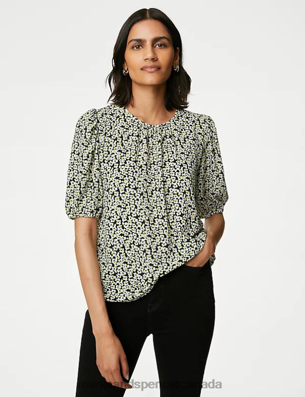 Women Ivory Mix Clothing Marks & Spencer Printed Pleated Top 20VTD121 - Marks and Spencer Canada locations