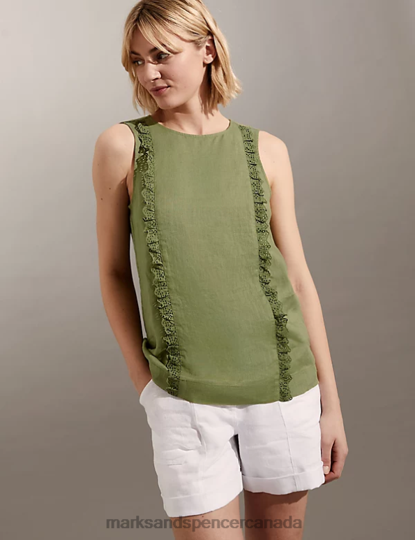 Marks and Spencer Canada - Women Khaki Clothing Marks & Spencer Pure Linen Broderie Vest 20VTD1836