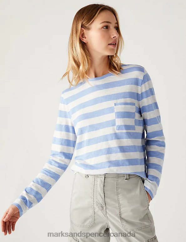 Marks and Spencer sale - Women Light Blue Mix Clothing Marks & Spencer Pure Cotton Striped Crew Neck Top 20VTD1415