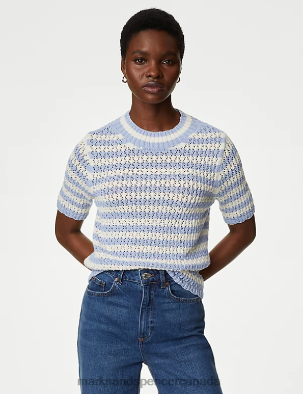 Marks and Spencer Canada - Women Medium Blue Mix Clothing Marks & Spencer Cotton Rich Textured Striped Knitted Top 20VTD384