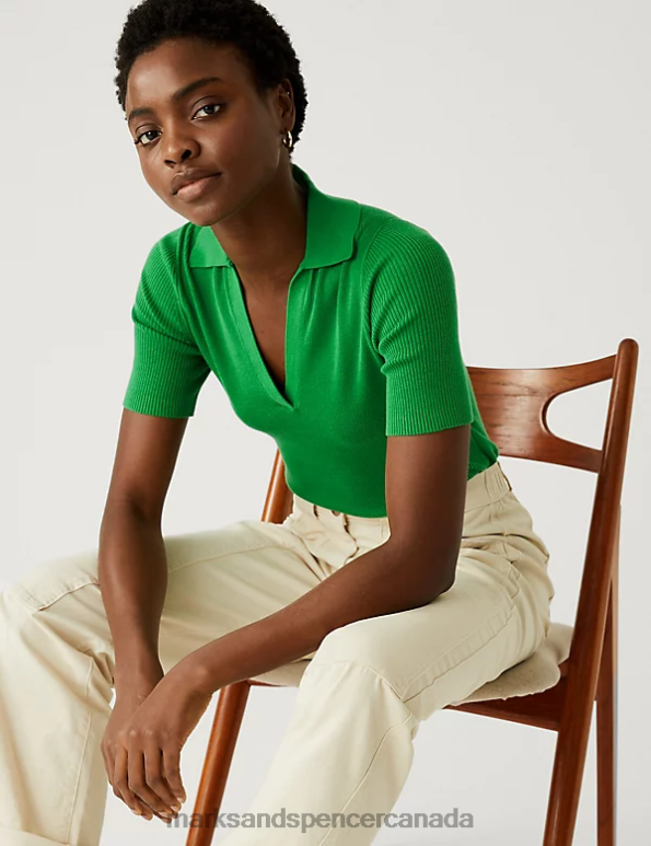 Women Medium Green Clothing Marks & Spencer Cotton Rich Ribbed Collared Knitted Top 20VTD1275 - Marks and Spencer Canada locations