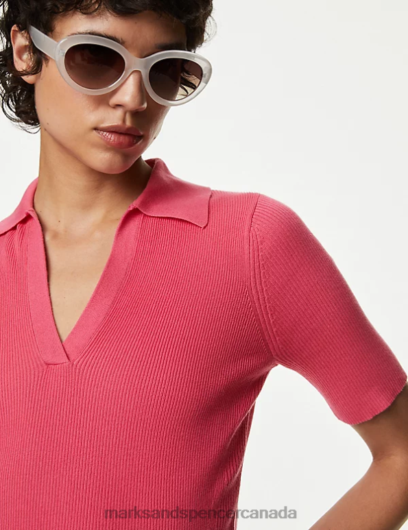 Women Medium Pink Clothing Marks & Spencer Cotton Rich Ribbed Collared Knitted Top 20VTD916 - Marks and Spencer Canada locations