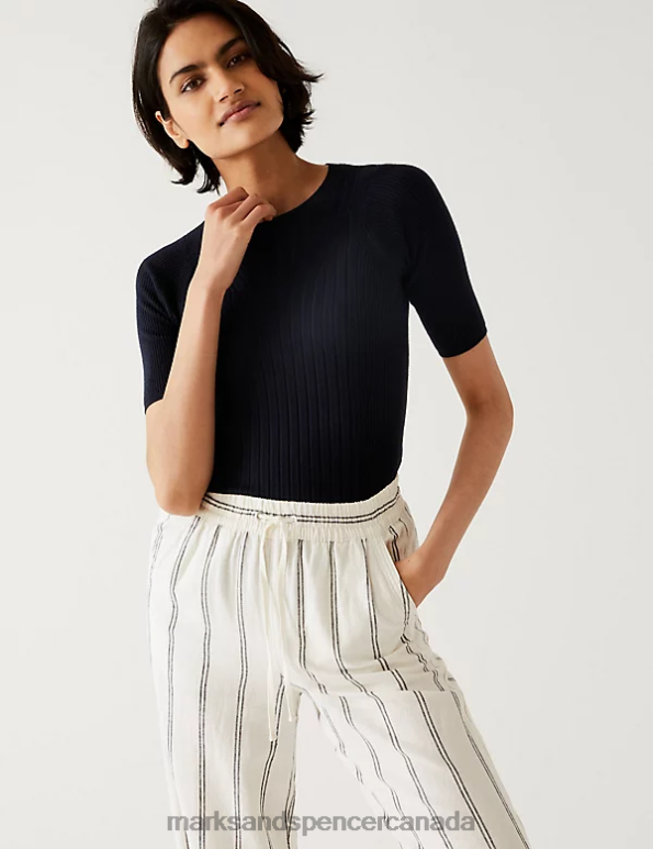 Women Midnight Navy Clothing Marks & Spencer Ribbed Crew Neck Knitted Top 20VTD413 - Marks and Spencer Canada locations