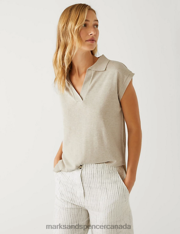 Women Natural Clothing Marks & Spencer Collared Relaxed Knitted Vest with Linen 20VTD882 - Marks and Spencer outlet