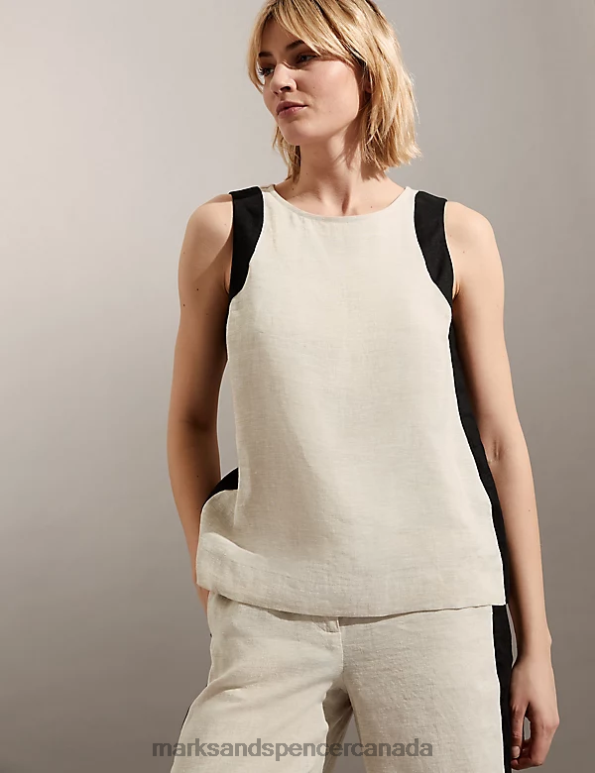 Marks and Spencer Canada - Women Natural Mix Clothing Marks & Spencer Pure Linen Crew Neck Side Stripe Vest Top 20VTD1332