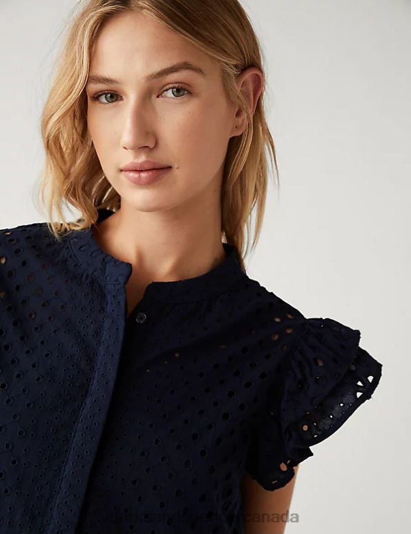 Marks and Spencer near me - Women Navy Clothing Marks & Spencer Pure Cotton Broderie Frill Detail Top 20VTD2690