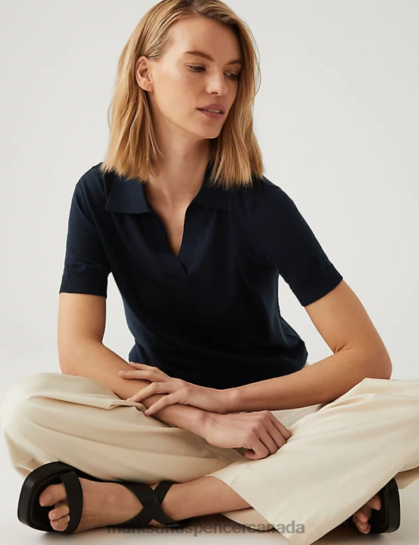 Women Navy Clothing Marks & Spencer Pure Merino Wool Collared Knitted Top 20VTD1709 - Marks and Spencer Canada locations