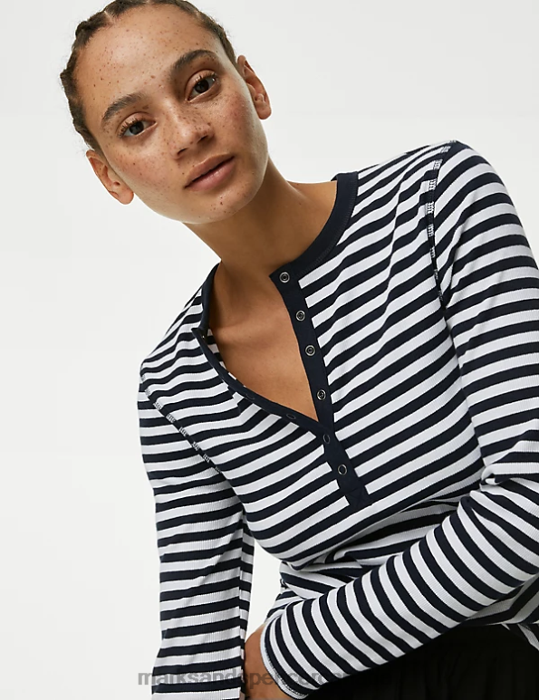 Women Navy Mix Clothing Marks & Spencer Cotton Rich Striped Henley Top 20VTD1625 - Marks and Spencer Canada locations