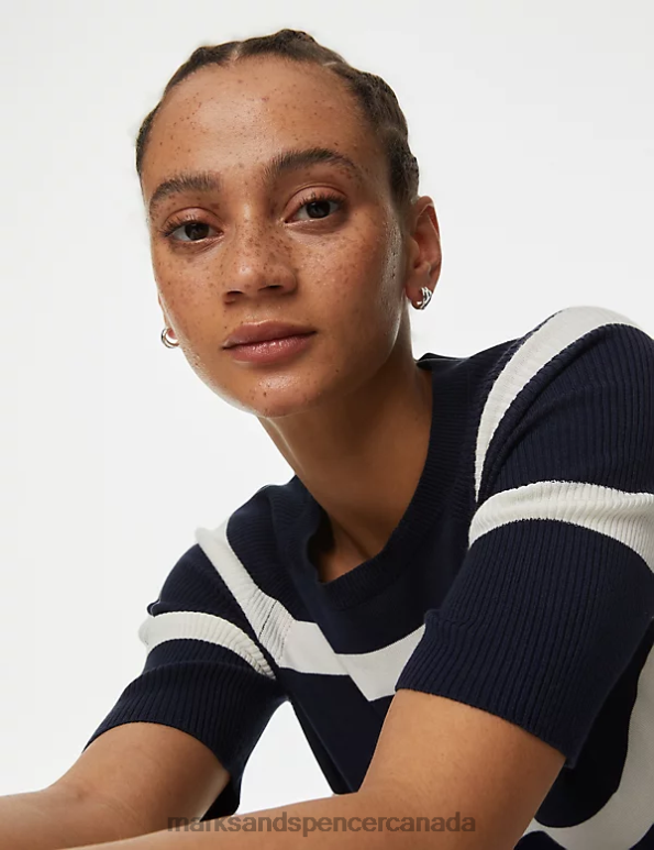 Marks and Spencer Canada - Women Navy Mix Clothing Marks & Spencer Cotton Rich Striped Ribbed Knitted Top 20VTD829