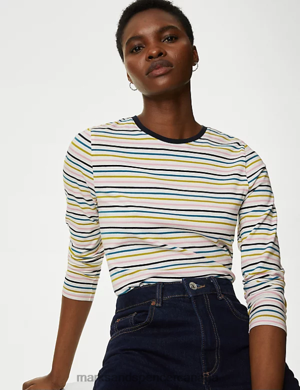 Women Navy Mix Clothing Marks & Spencer Cotton Rich Striped Slim Fit Top 20VTD2562 - Marks and Spencer outlet