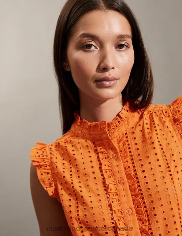 Women Orange Clothing Marks & Spencer Pure Cotton Broderie Frill Neck Top 20VTD1890 - Marks and Spencer outlet