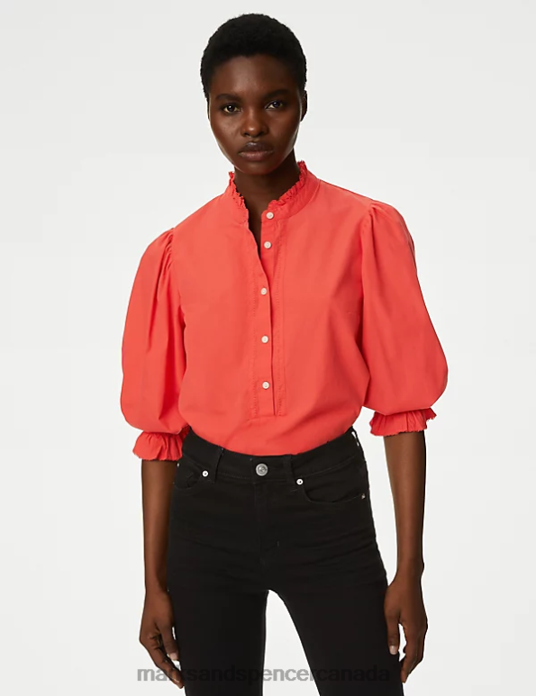 Women Orange Clothing Marks & Spencer Pure Cotton Frill Detail Top 20VTD1028 - Marks and Spencer outlet