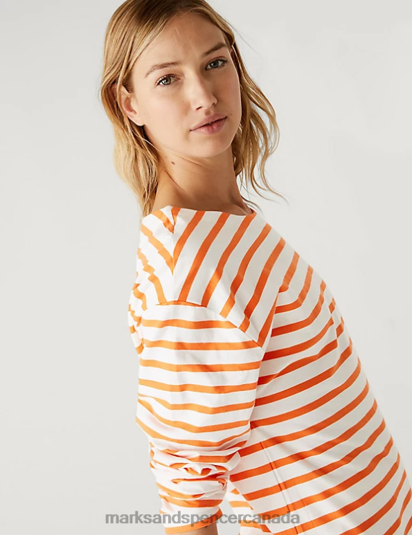 Marks and Spencer near me - Women Orange Mix Clothing Marks & Spencer Pure Cotton Striped Crew Neck Top 20VTD1257