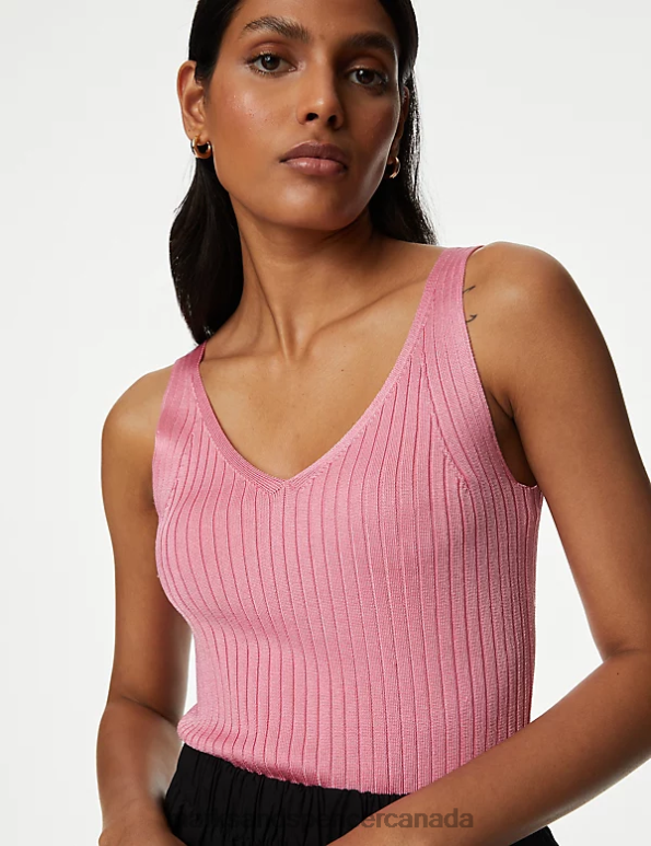 Women Petal Pink Clothing Marks & Spencer Ribbed V-Neck Knitted Vest 20VTD1944 - Marks and Spencer Canada locations