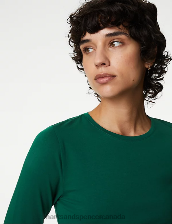 Women Pine Green Clothing Marks & Spencer Cotton Rich Slim Fit Top 20VTD2697 - Marks and Spencer online