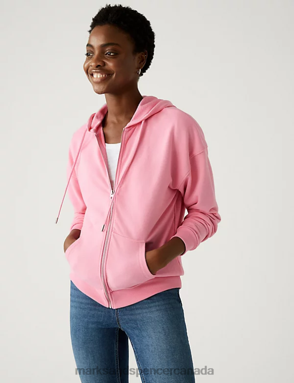 Marks and Spencer Canada - Women Pink Clothing Marks & Spencer Cotton Rich Zip Up Hoodie 20VTD2825